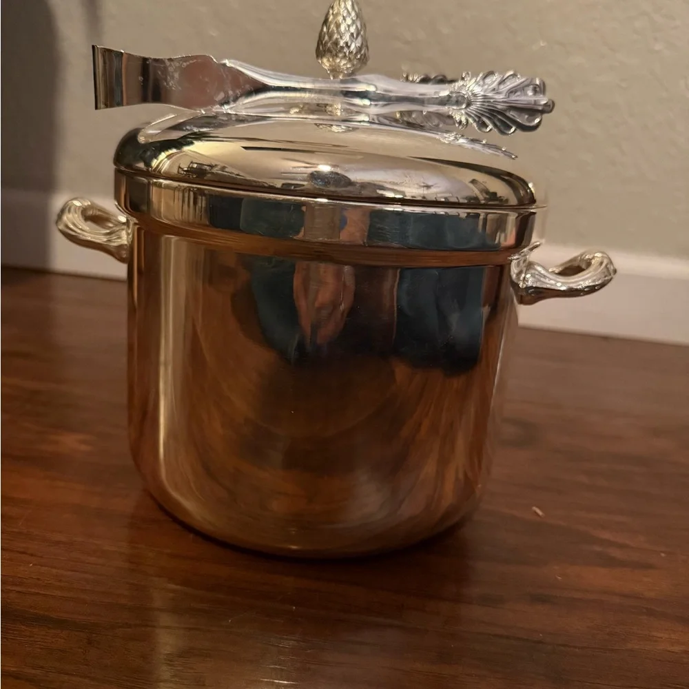Silver Plated Insulated Ice Bucket with Lid, Handle & Tongs, Barware Set
